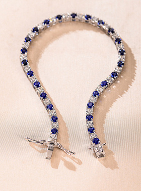 云同珠宝名媛轻奢经典四爪3mm培育蓝宝石网球手链满钻百搭925手链