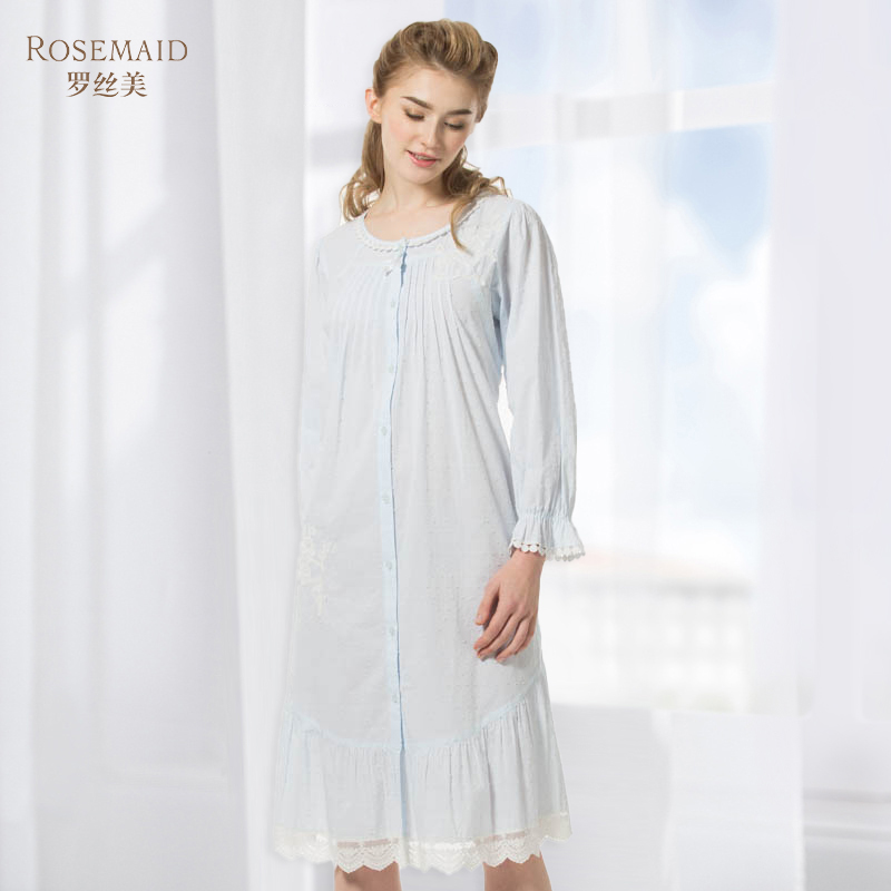 罗丝美100%纯棉女士家居服圆领镶蕾丝阔版长袖睡裙18018