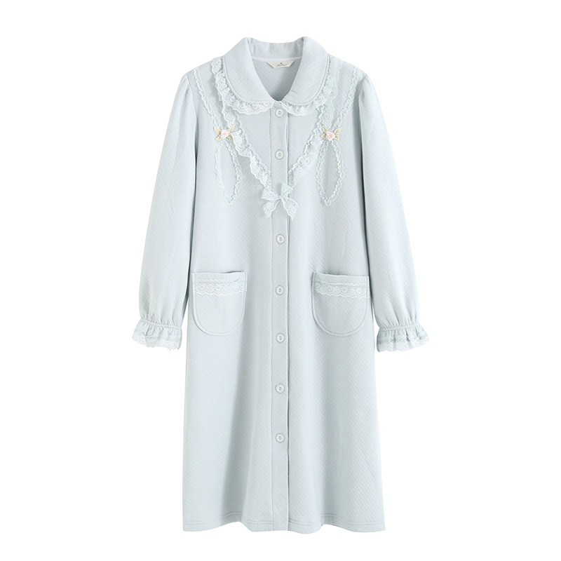 罗丝美秋冬纯棉保暖家居服小翻领全开襟镶蕾丝长袖睡裙睡袍17215,淘宝优惠券,粉丝福利购,淘宝优惠卷