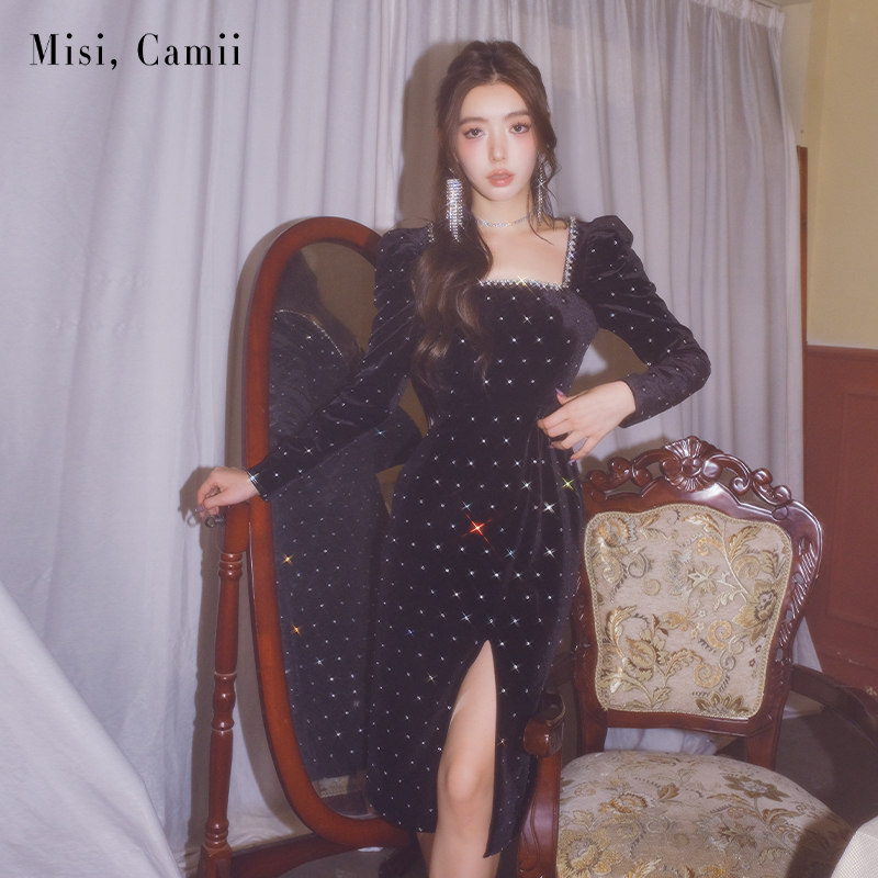 【张雨绮同款】Misi,Camii秋冬新款修身小香风烫钻丝绒连衣裙女 - 图2