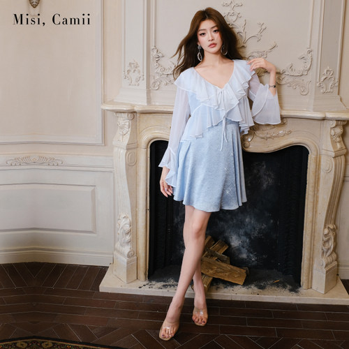 Misi.Camii2025夏季新款女装烫钻缎面荡领连衣裙时尚感显瘦小裙子 - 图1