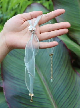 新款夏仙气花朵绿色欧根纱遮脖子疤痕项链布丝带配饰蕾丝颈带薄纱