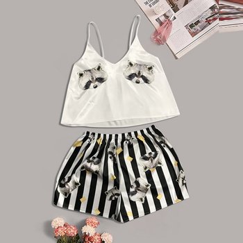 Recommend Ladies Pajama Set Cute Print Pattern Sleepwear Silk V Ne