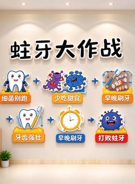 蛀牙大作战爱牙科普装饰画挂画幼儿园口腔健康教育墙面壁画