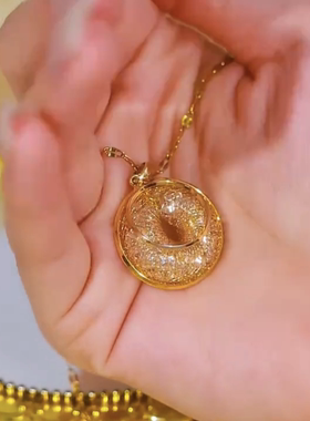 金色网状镂空锆石平安扣吊坠项链