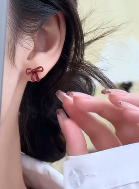 法式轻奢安克拉红色蝴蝶结耳钉女