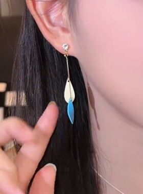 新款潮森系蓝色长款叶子流苏耳钉
