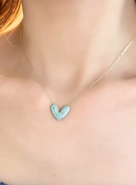 2025年晕染蓝色滴釉爱心吊坠项链