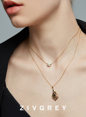 zivgrey纯银树叶珍珠双层项链