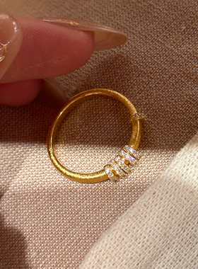 S925银中古沙金拉丝闪钻跑环戒指