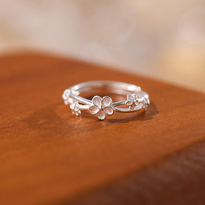 Pure silver flower live ring for women, sweet and versatile