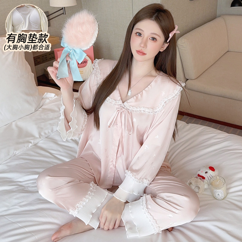 高级感黑色仿真丝绸冰丝睡衣女春夏季带胸垫2026年新款套装网红款,淘宝优惠券,粉丝福利购,淘宝优惠卷