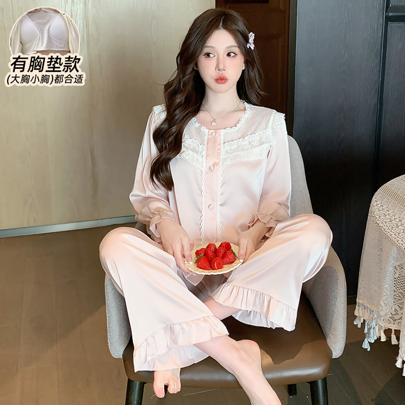 高级感黑色仿真丝绸冰丝睡衣女春夏季带胸垫2026年新款套装网红款,淘宝优惠券,粉丝福利购,淘宝优惠卷