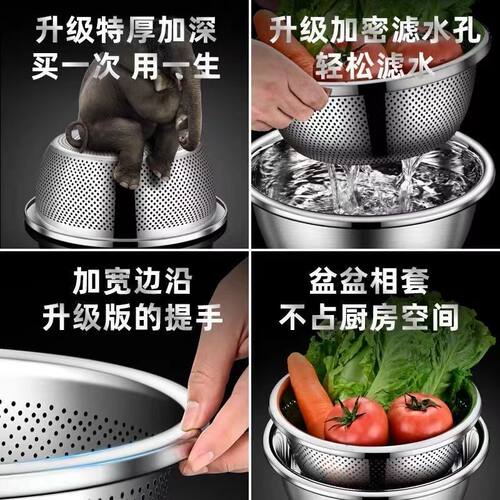 不锈钢沥水篮洗菜盆厨房家用洗水果洗菜篮淘米盆筛加厚和面盆 - 图1