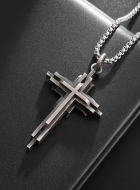 欧美时尚新品三层立体十字架复古吊坠项链