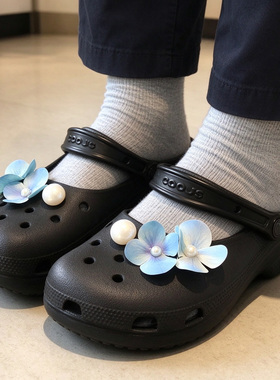 MKOP洞洞鞋配饰高级感鞋扣配件蓝色绣球珍珠鞋花适配Cross/Crocs
