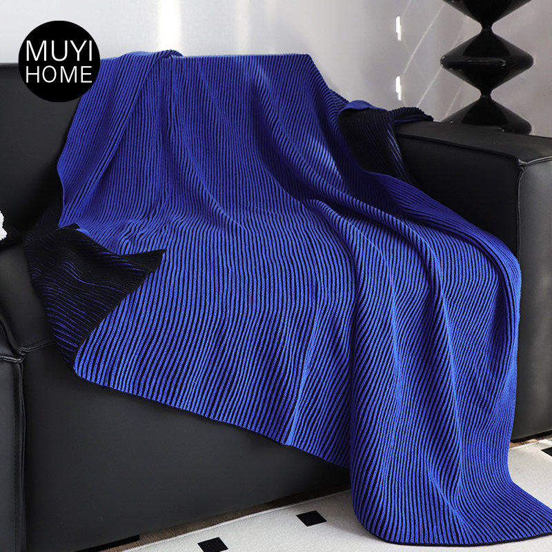 MUYI HOME幻影科技蓝纯棉针织毯子样板间装饰盖毯休闲沙发毯毛毯,淘宝优惠券,粉丝福利购,淘宝优惠卷