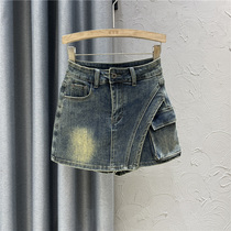 Broken Yard clear cabin asymmetrical retro made of old high waist denim short skirt pants woman pocket with slim A-character shorts