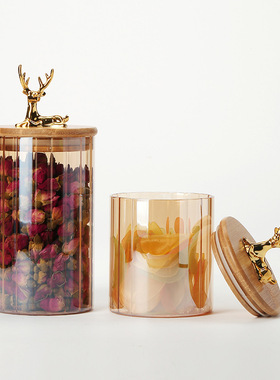 电镀小鹿储物罐竹木盖玻璃收纳罐条纹高硼硅玻璃家居摆件整理