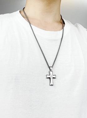 潮男女简约钛钢镶锆石十字架项链