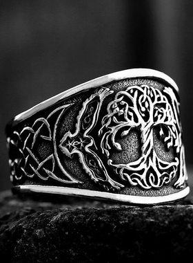 北欧神话宇宙树维京渡鸦钛钢戒指