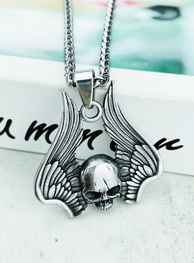 男钛钢嘻哈朋克羽翼翅膀骷髅项链