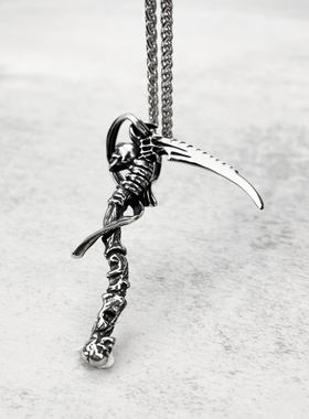 嘻哈潮男钛钢骷髅头死神镰刀项链