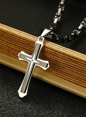 潮男镶钻星十字架吊坠配拜占庭链