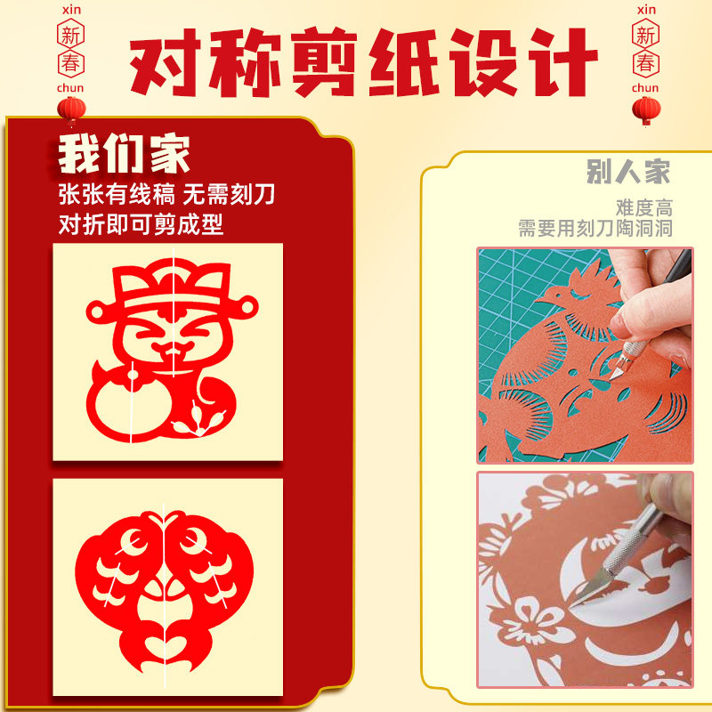 蛇年春节手工剪纸儿童折纸剪窗花专用纸中国风图案底稿新年材料包幼儿园半成品元旦diy制作小学生工具套装