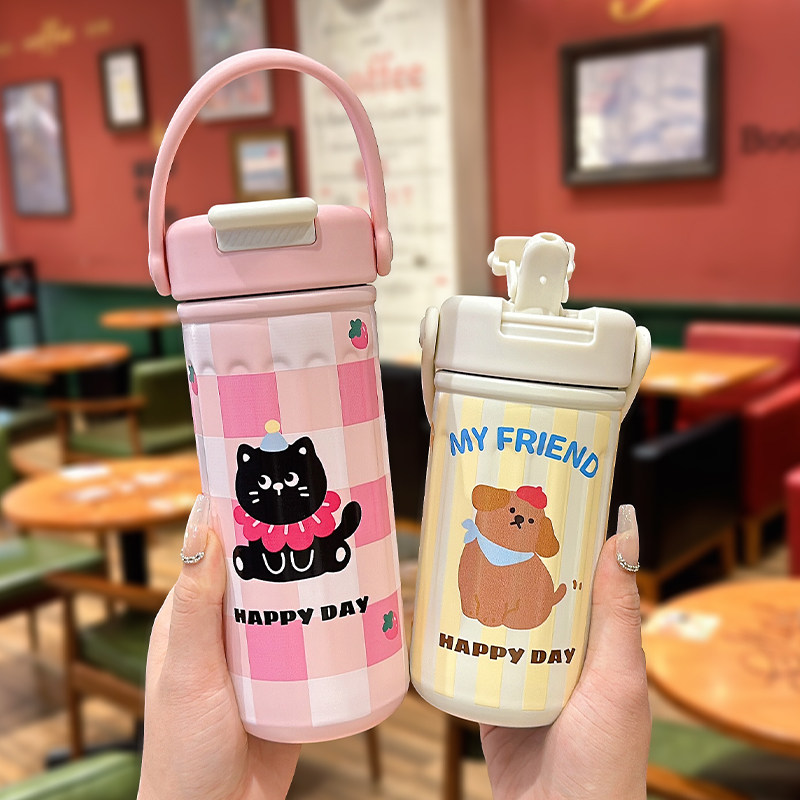 卡通保温杯女生手提式高颜值不锈钢咖啡杯子学生便携可爱吸管水杯,淘宝优惠券,粉丝福利购,淘宝优惠卷