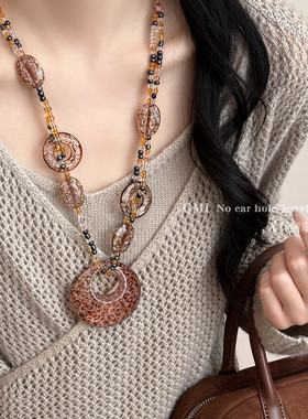 复古豹纹串珠长款项链女士