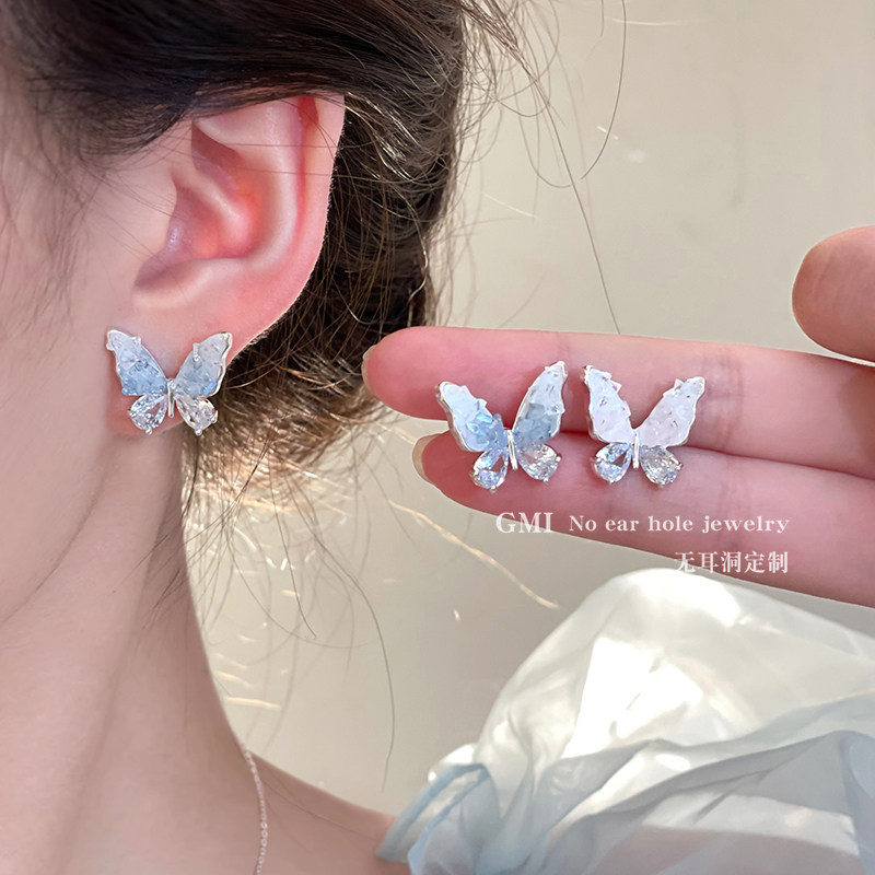 蓝色蝴蝶蚊香盘耳夹女2025新款无耳洞耳环轻奢小众高级感耳钉耳饰
