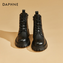 Daphne Daphne ~ black genuine leather locomotive boots woman 2024 Winter new gush short boot thick bottom Martin boots