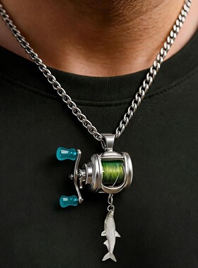 新款路亚项链个性金属鱼线渔轮项链水滴轮戒指爆款钓鱼包挂件礼物