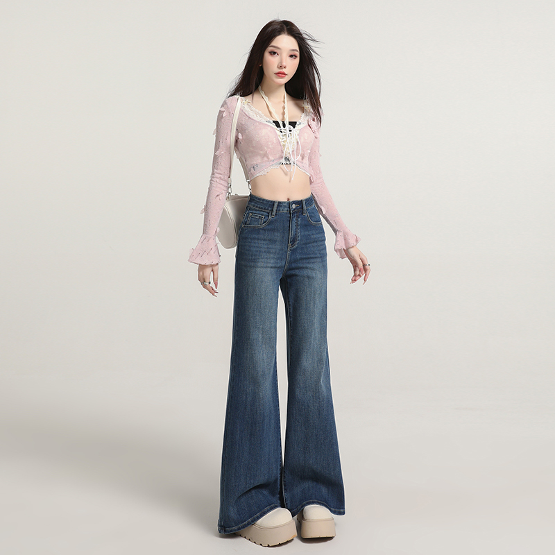 复古美式微喇牛仔裤女2025秋季新款不贴腿梨形显瘦拖地阔腿喇叭裤 - 图1