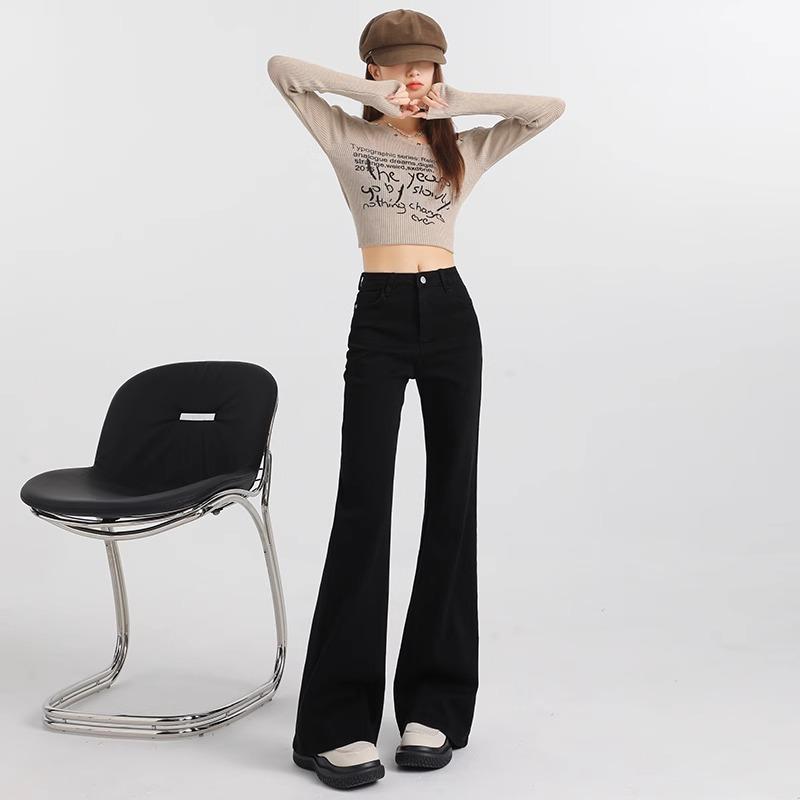黑色高腰微喇裤女春装新款宽松显瘦弹力不贴腿拖地喇叭马蹄牛仔裤 - 图0