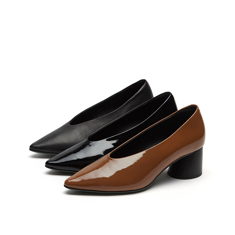 la mode plaisir/兰茉达 W1F1真皮优雅撞色高跟尖头奶奶鞋单鞋女