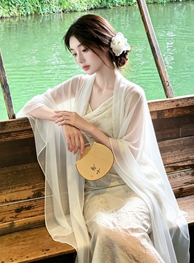 白色雪纺披肩配旗袍连衣裙女