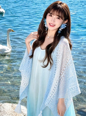 民族风蓝色扎染披肩外搭女