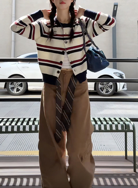 美式千禧风咖色条纹腰带男女款