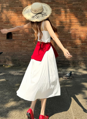度假风针织红色披肩外搭腰带女