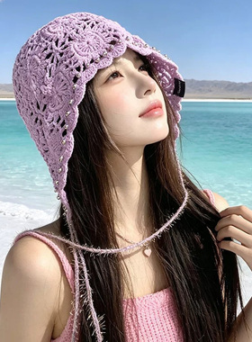 紫色镂空花朵串珠流苏编织包头帽