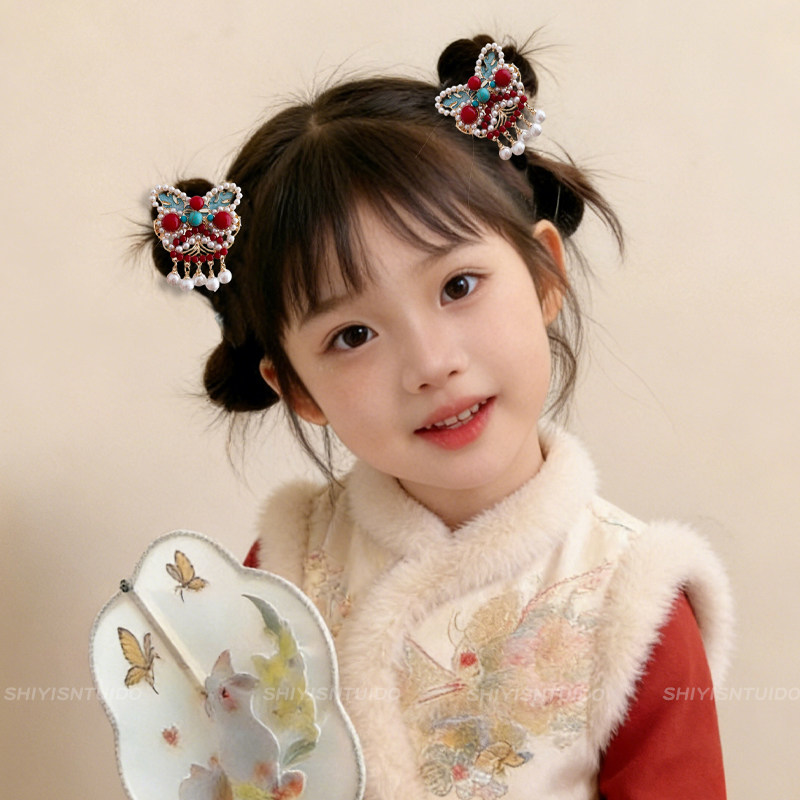 儿童新年醒狮流苏发夹女童喜庆可爱侧边刘海夹子宝宝发卡汉服头饰,淘宝优惠券,粉丝福利购,淘宝优惠卷