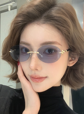 无框墨镜女款书呆子防晒遮阳2026新款椭圆形太阳镜网红辣妹高级感