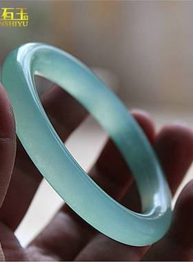 天青冻圆条冰种石英岩玉镯子A货淡蓝色玉石玉器手镯直播货源