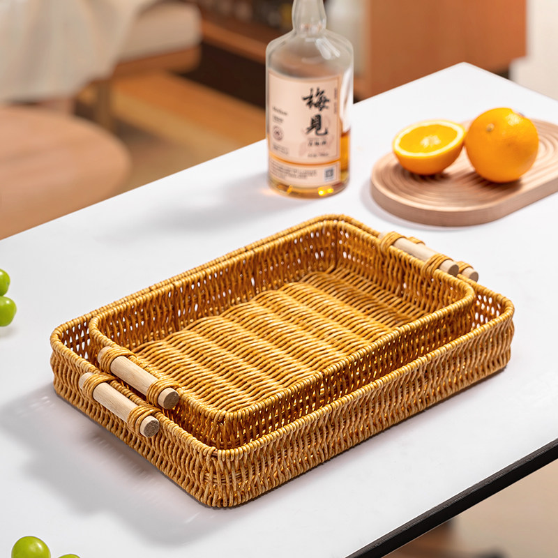 藤编果盘家用客厅水果盘零食摆放托盘蛋糕面包展示筐馒头收纳篮子