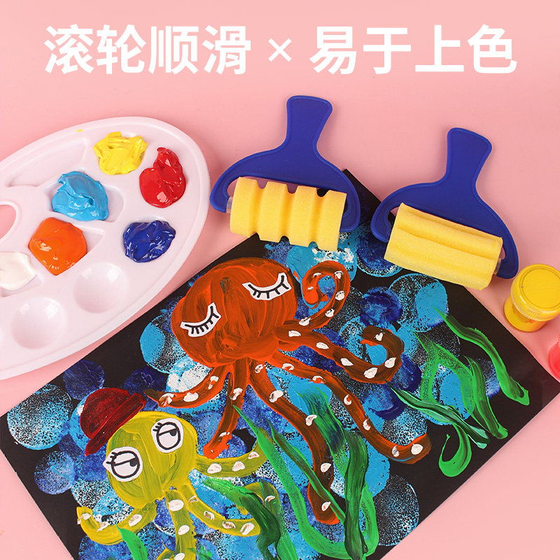 蒙玛特儿童早教海绵画刷印章水粉画笔刷滚筒涂颜料工具圆形海绵拓印棒DIY绘画海绵刷幼儿园涂鸦画画工具套装,淘宝优惠券,粉丝福利购,淘宝优惠卷