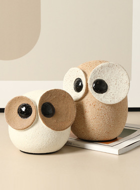 现代侘寂抽象卡通猫头鹰陶瓷摆件