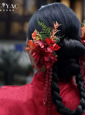 高级感新娘晨袍头饰酒红色花朵