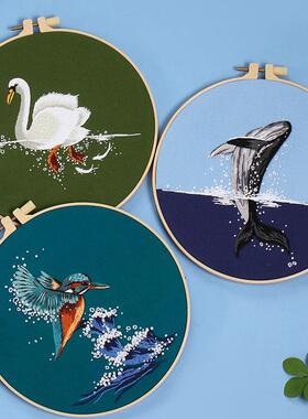 刺绣diy手工材料包Embroidery of Whale Animals鲸鱼戏水动物刺绣